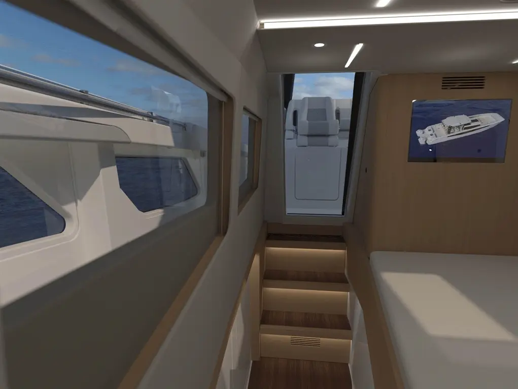 Interior view of a modern boat showcasing stairs, a large window, and a digital display of a boat model.